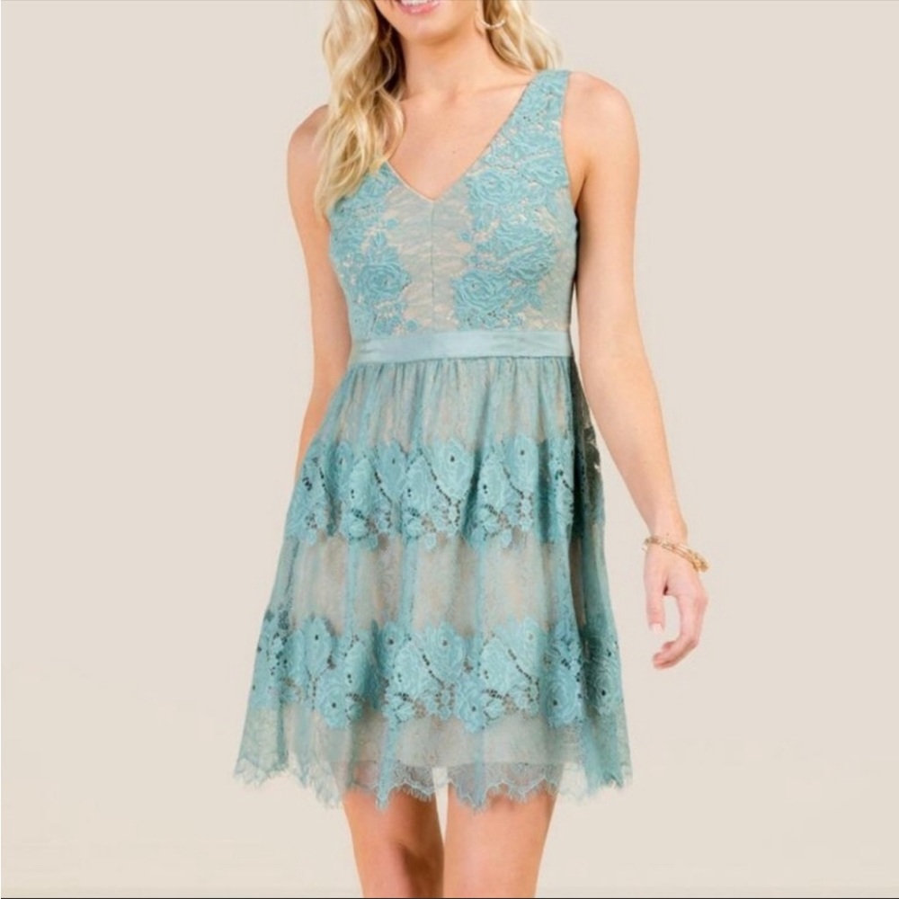 Francesca's Harriet Teal Lace sleeveless A line Dress Size S NWT